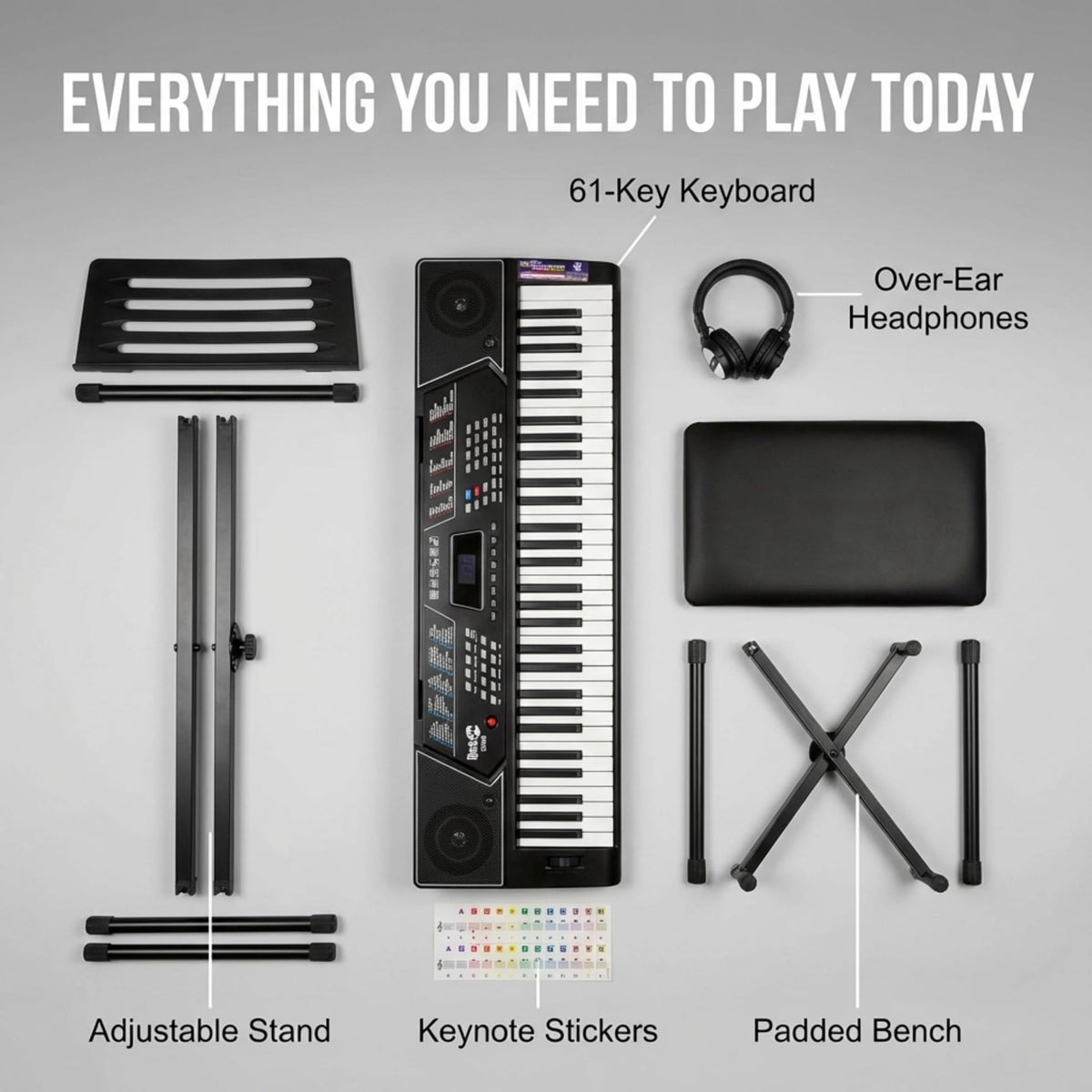 RockJam 61 Key Keyboard Piano Kit with Stand, Bench, Headphones