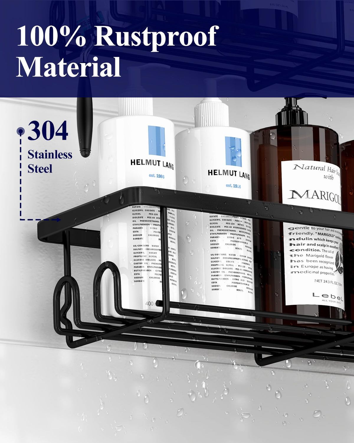 Kitsure 2-Pack Rustproof Stainless Steel Shower Caddy, Black, Large