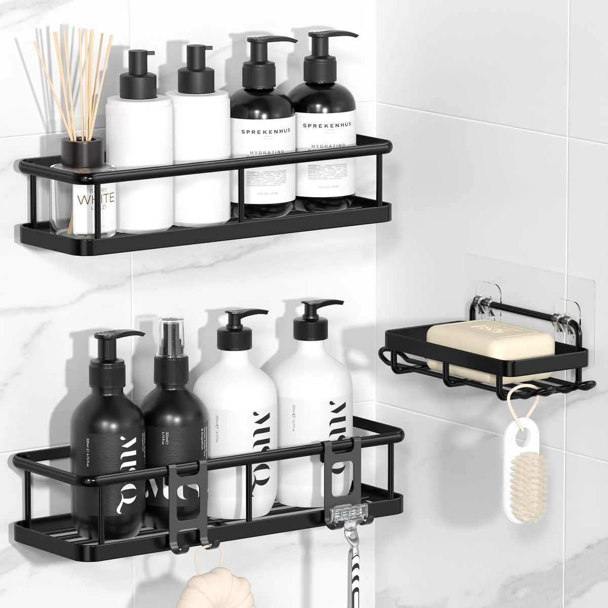 YASONIC Adhesive Shower Caddy Set, 3 Piece, Black