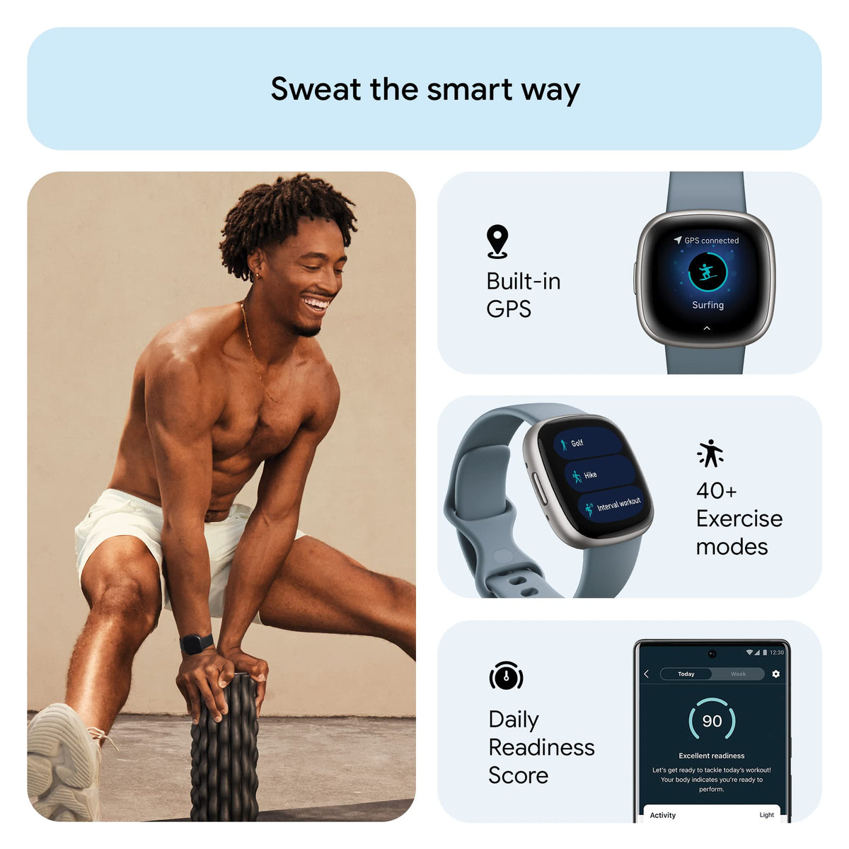 Google Fitbit Versa 4 Fitness Smartwatch, Waterfall Blue/Platinum