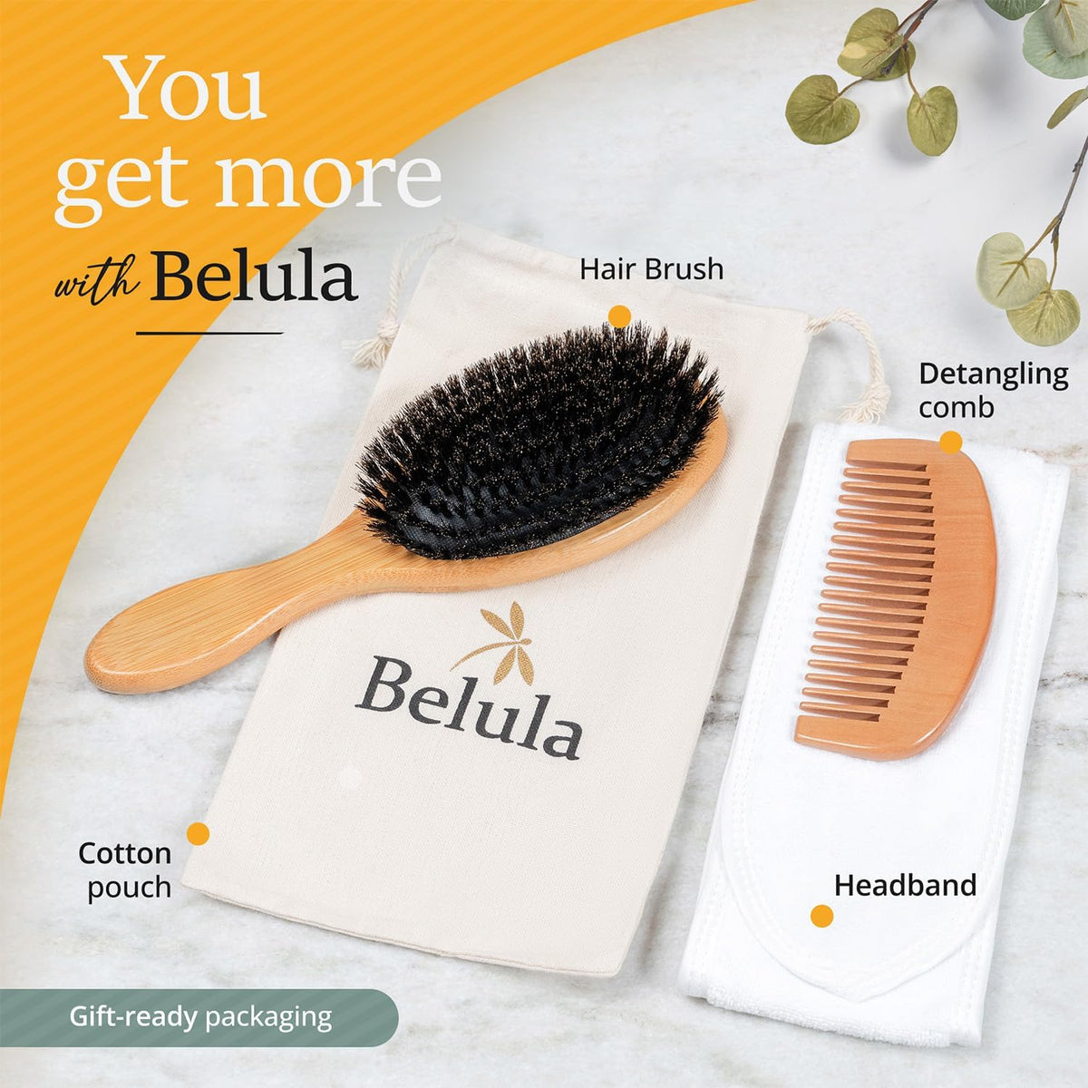 Belula 100% Boar Bristle Hair Brush Set, Medium