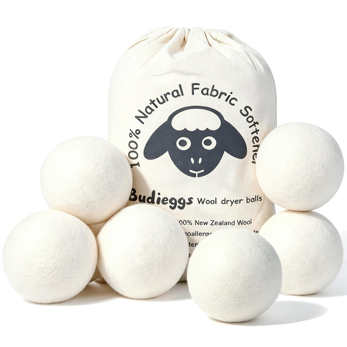 Budieggs Organic Wool Dryer Balls, XL, 6 Pack
