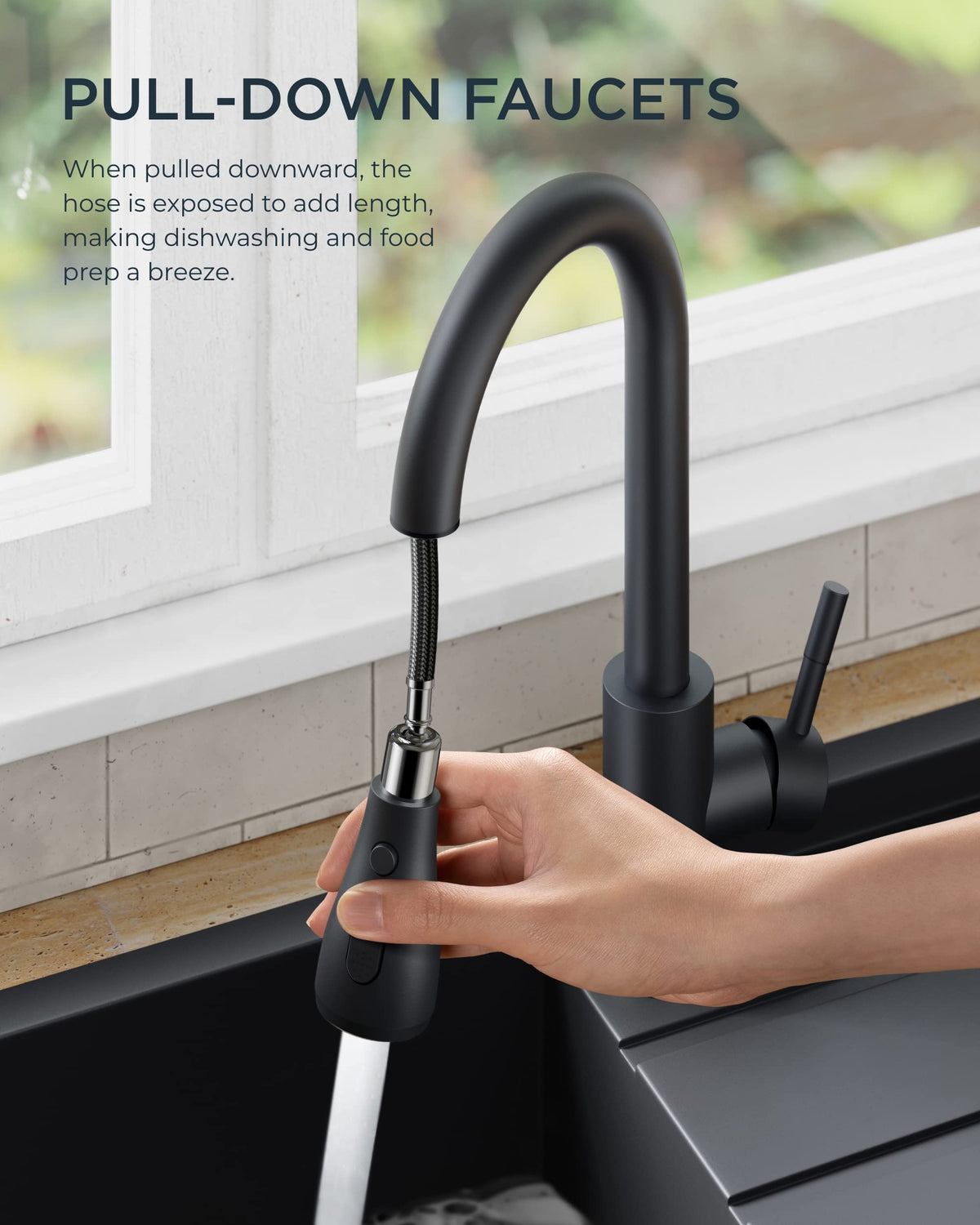 FORIOUS Black Kitchen Faucets with Pull Down Sprayer, Matte Black