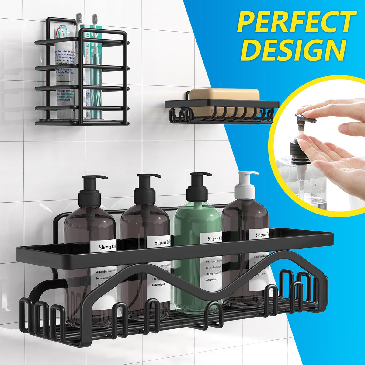 Coraje Adhesive Stainless Steel Shower Caddy Shelves, Black (5 Pack)