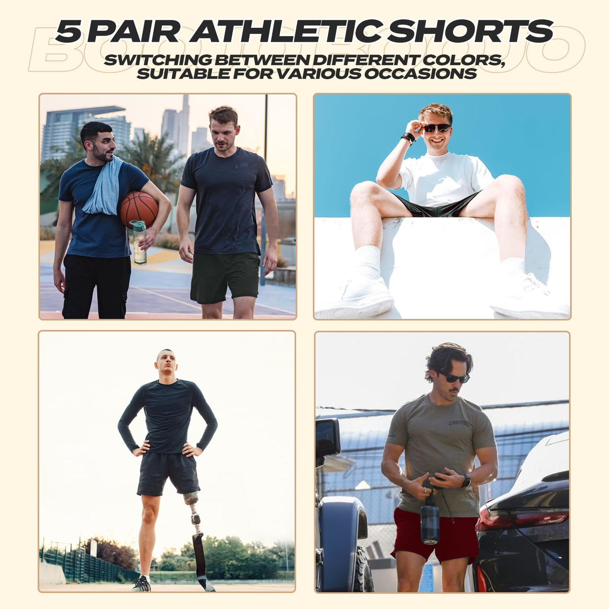 BOOJO Men's Quick-Dry Athletic Shorts with Pockets, 5-Pack