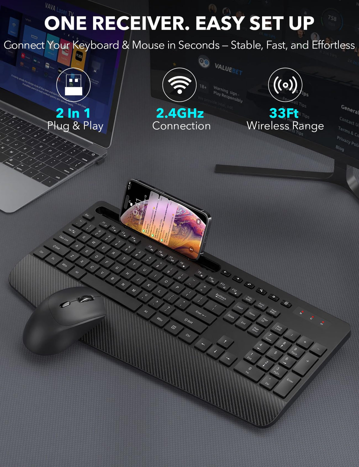 Wireless Keyboard and Mouse Combo with Wrist Rest, Black