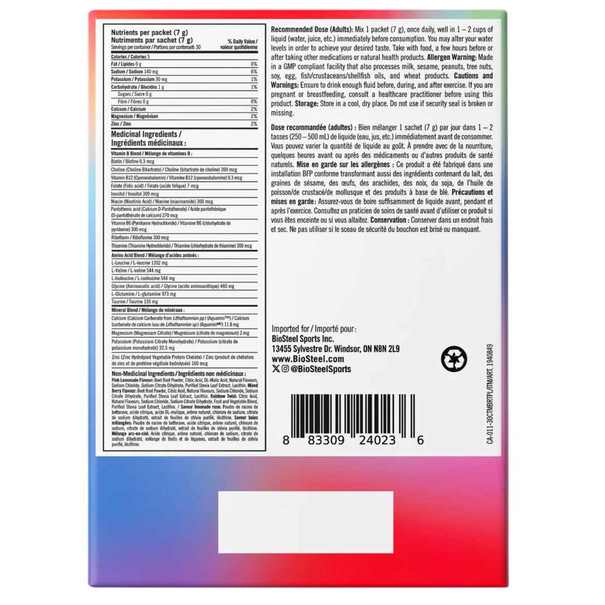 BioSteel Zero Sugar Hydration Mix Variety Pack, 30 Packets
