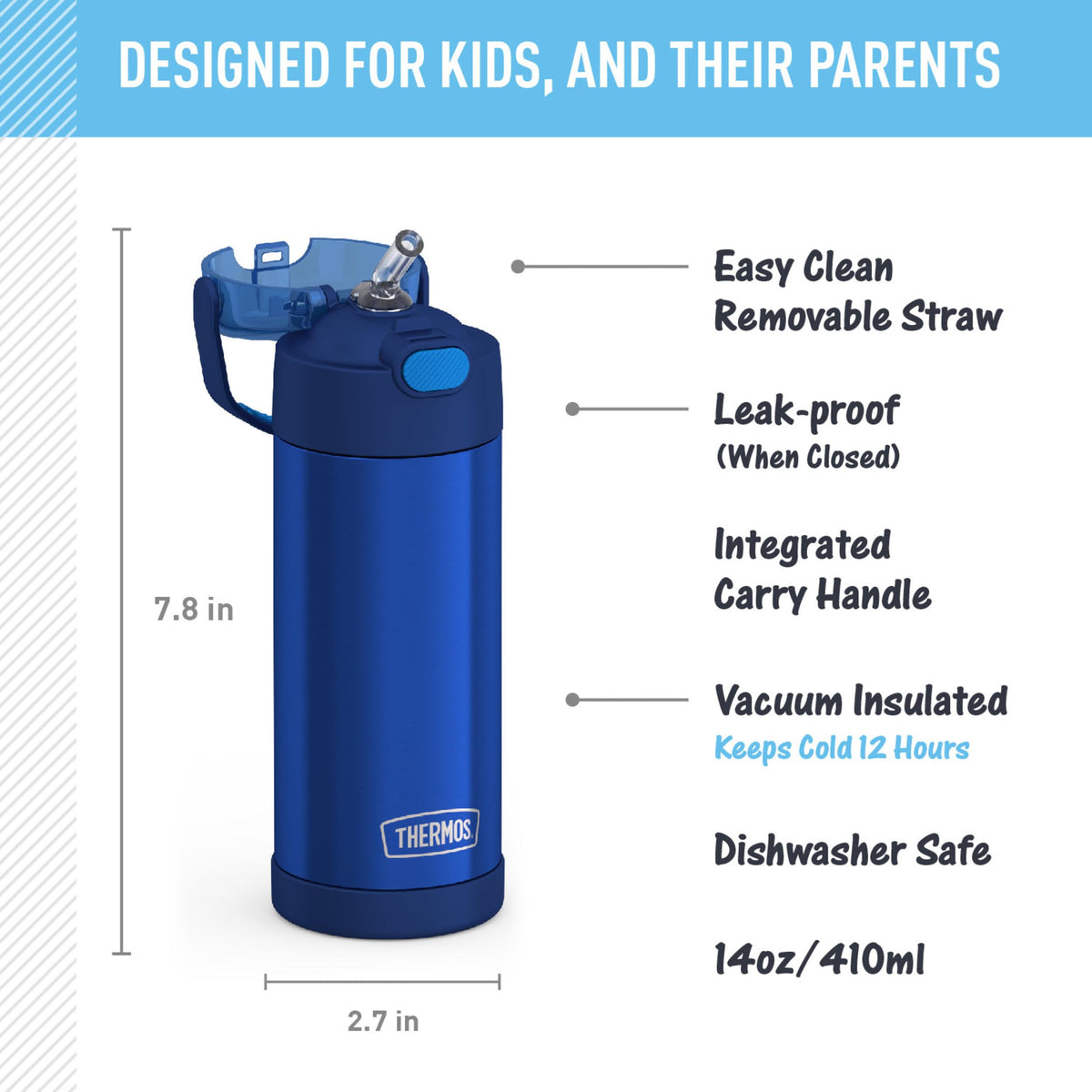 Thermos Funtainer Water Bottle with Straw, 14oz, Navy