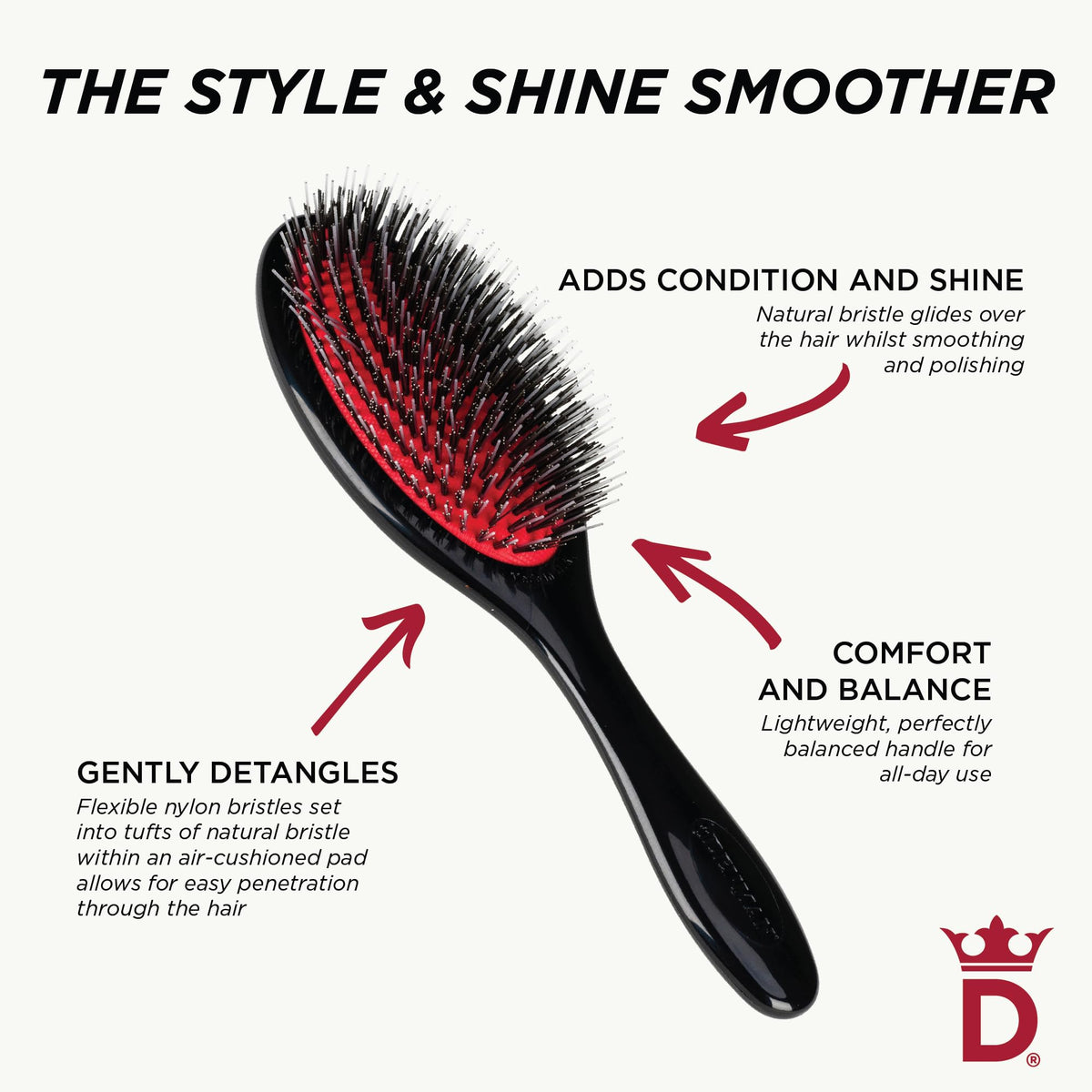 Denman Cushion Hair Brush, Medium, Boar Bristles, Black, P081M