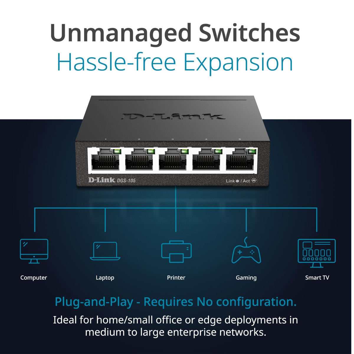 D-Link DGS-105 5 Port Gigabit Ethernet Switch, Unmanaged