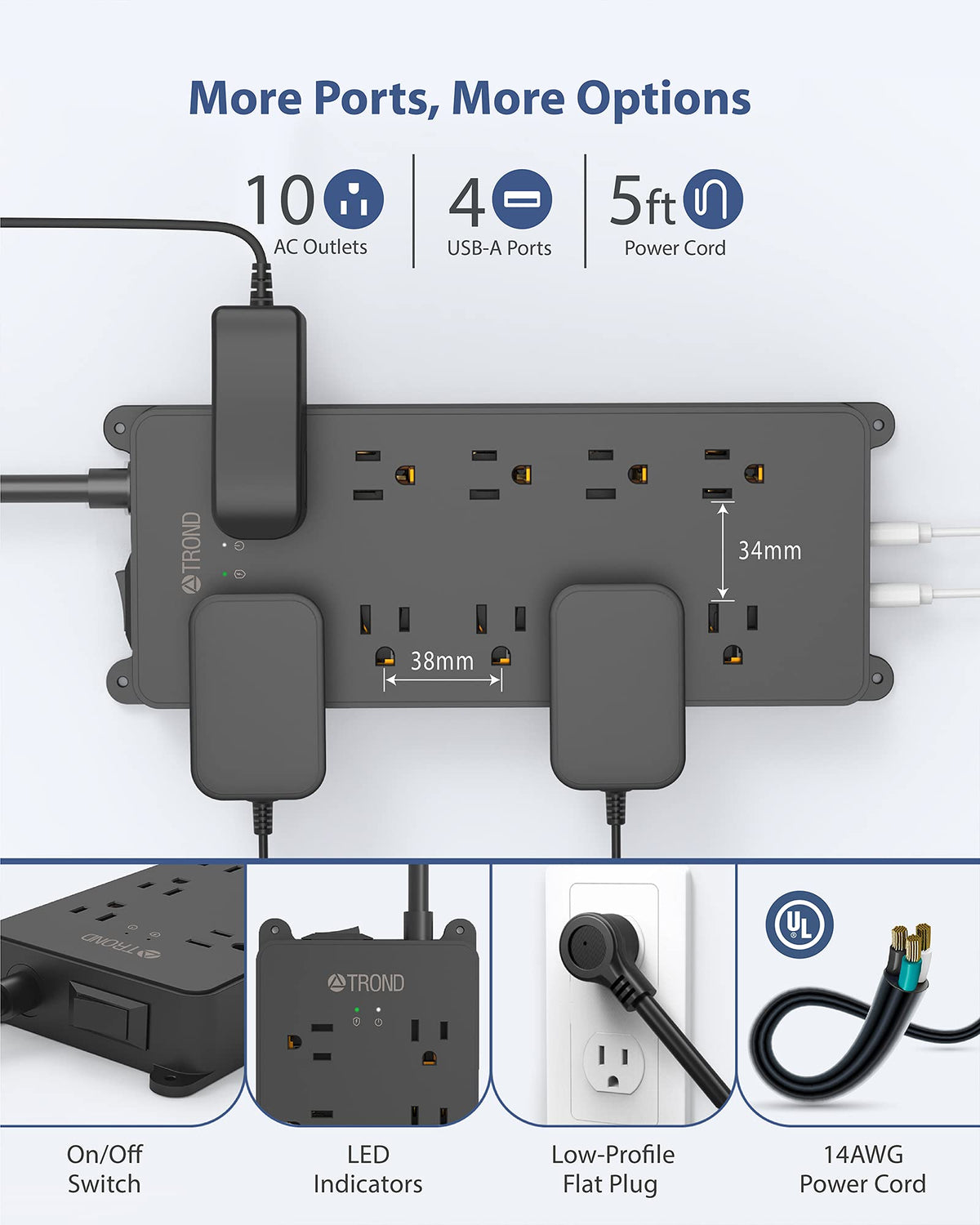 TROND Surge Protector Power Bar with 2 USB-C, 10 Outlets, 5 ft