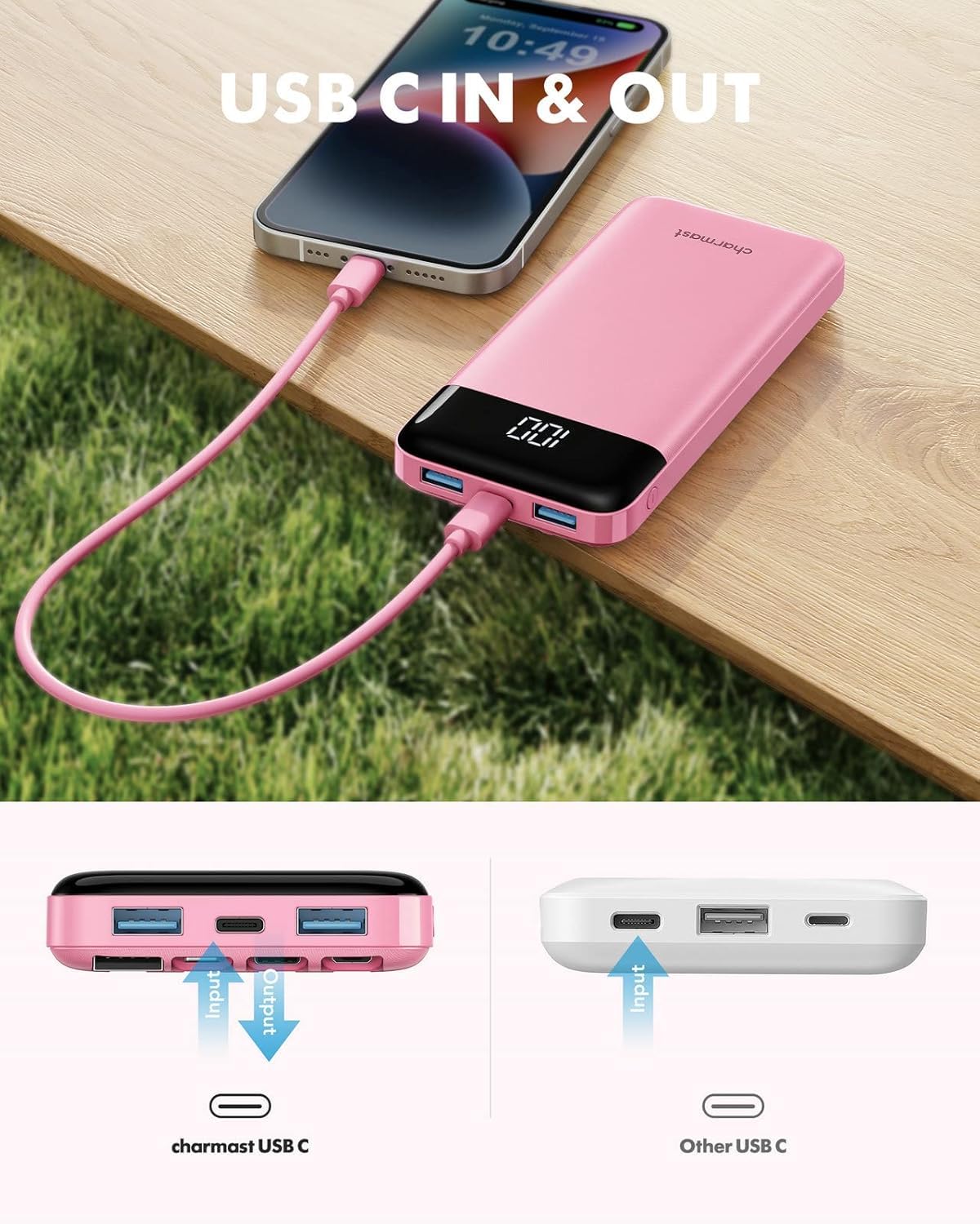 Charmast Power Bank with Built-In Cables, 10000mAh