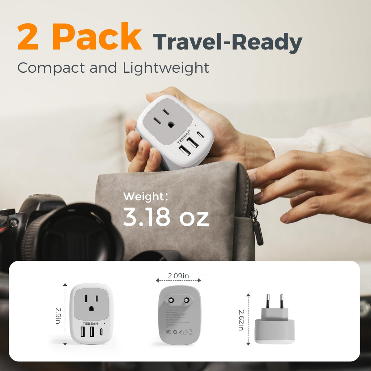 TESSAN Canada to European Travel Adapter, 2 Pack