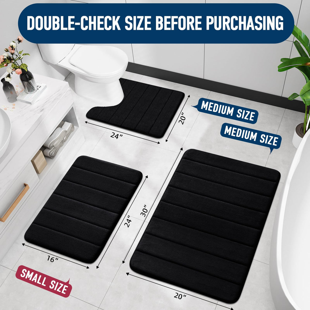 OLANLY Memory Foam Bath Mat, 16" x 24", Black