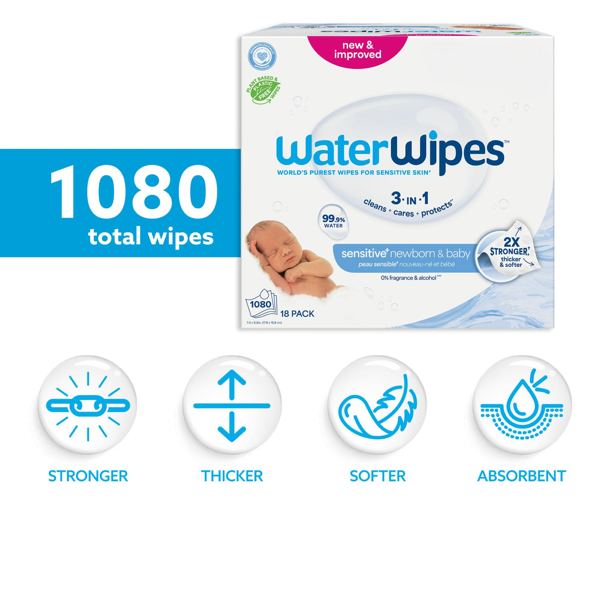 WaterWipes Plastic-Free Original Baby Wipes, 1080 Count (18 Packs)