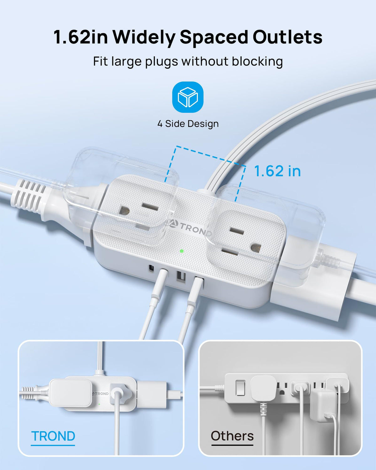 TROND Flat Plug Surge Protector Power Bar with 4 USB, 5 ft, White