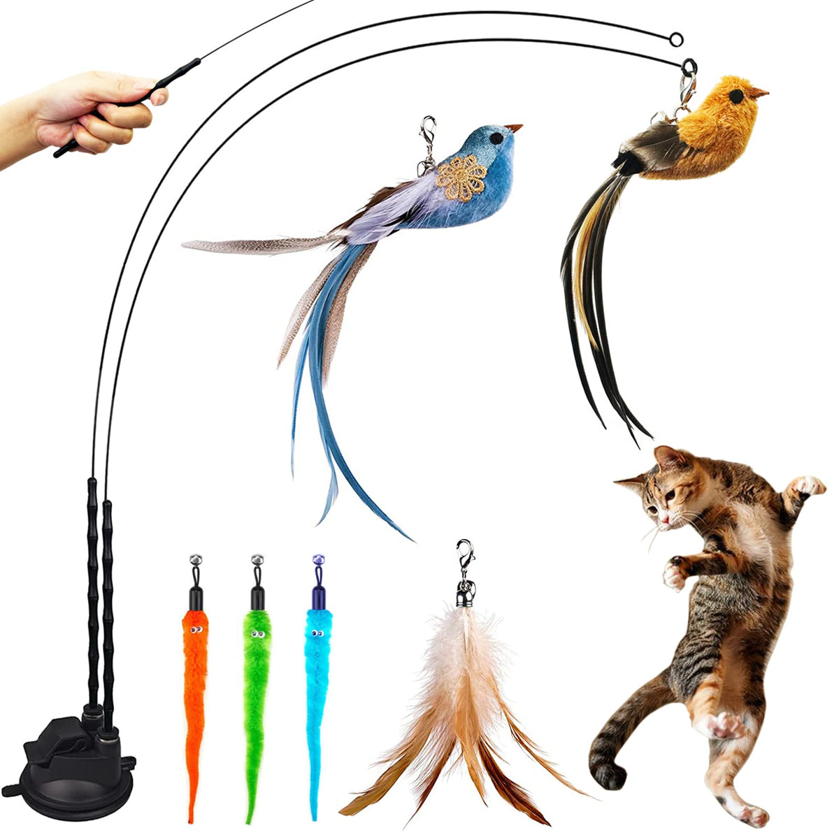Interactive Cat Feather Wand Toy Set with Suction Cup, Natural