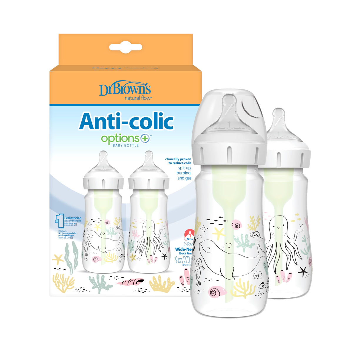 Dr. Brown's Natural Flow Anti-Colic Baby Bottles, Ocean Decos, 2 Pack