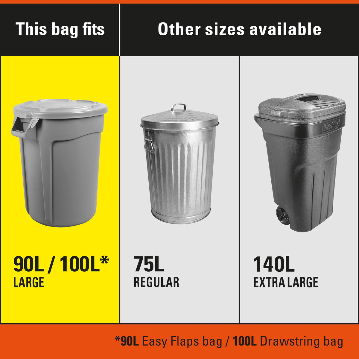 Hefty Garbage Bags, Large, 90 L, Black, Drawstring, 80 Count