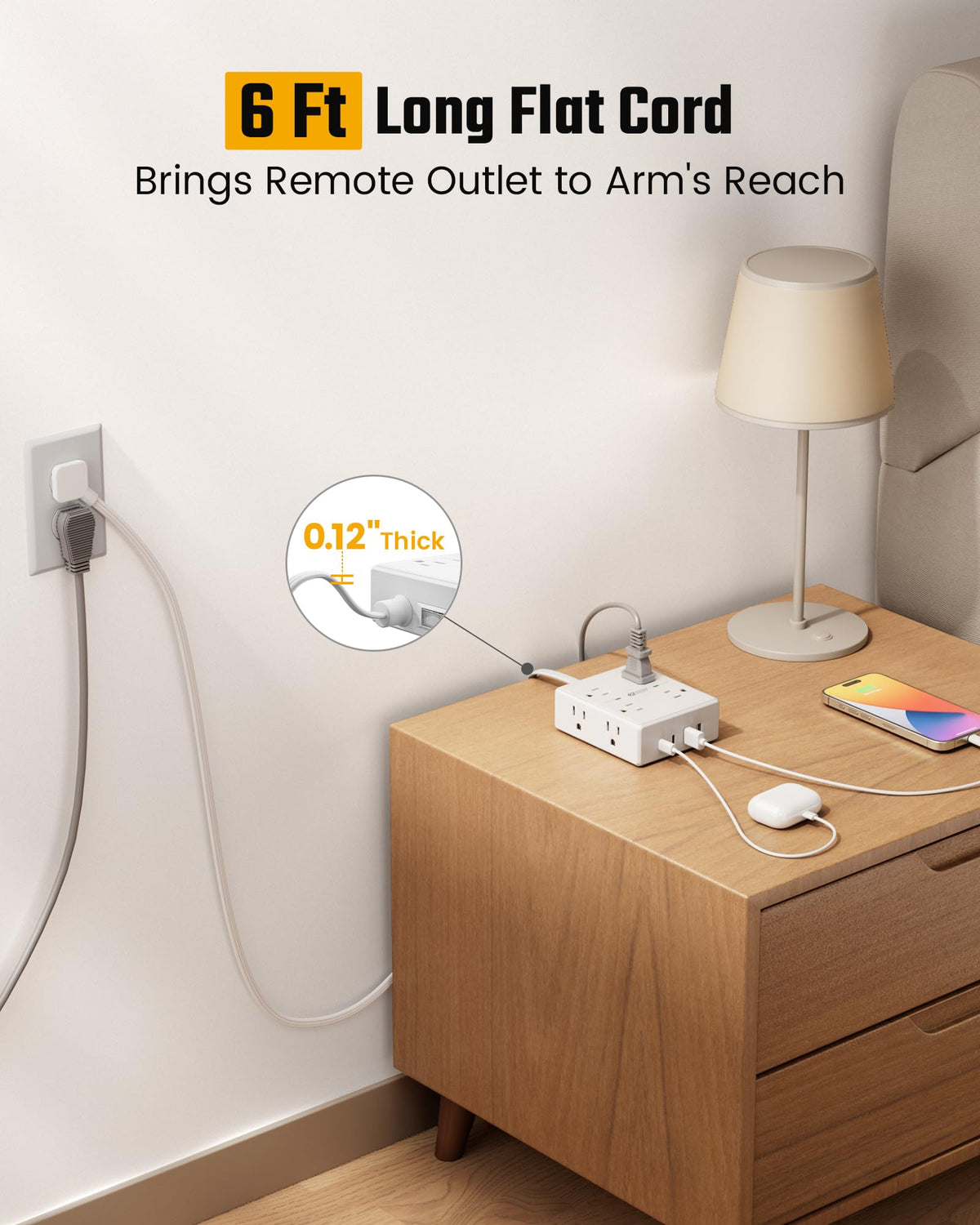 SUPERDANNY Flat Plug Surge Protector, 8 Outlets, 4 USB, 6 ft, White