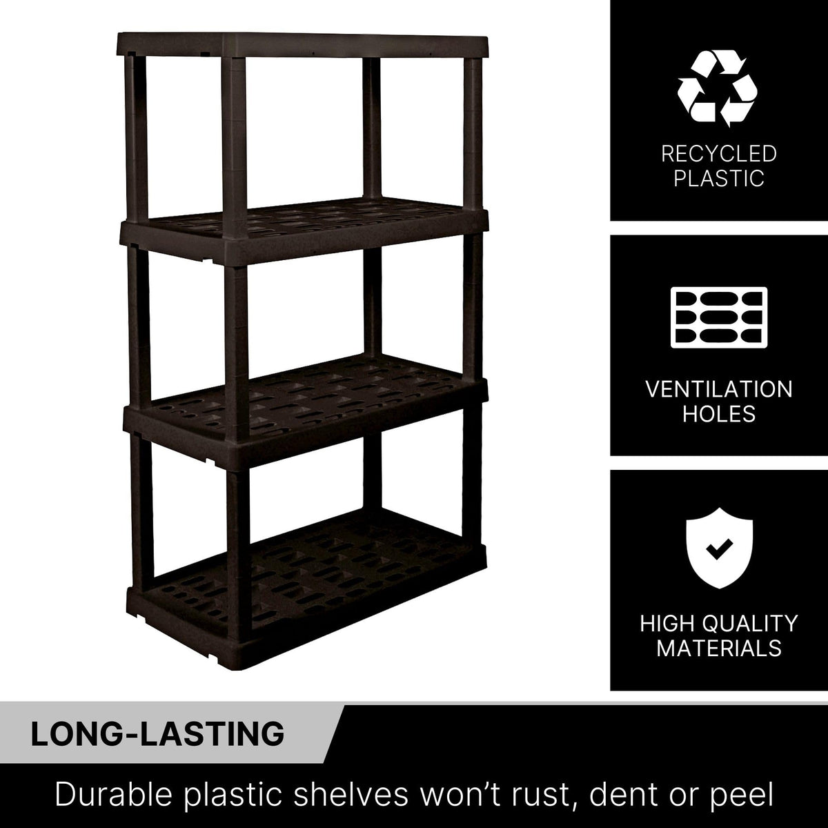 Koolatron Oscar Heavy Duty Plastic Storage Shelves, 4-Tier, Black