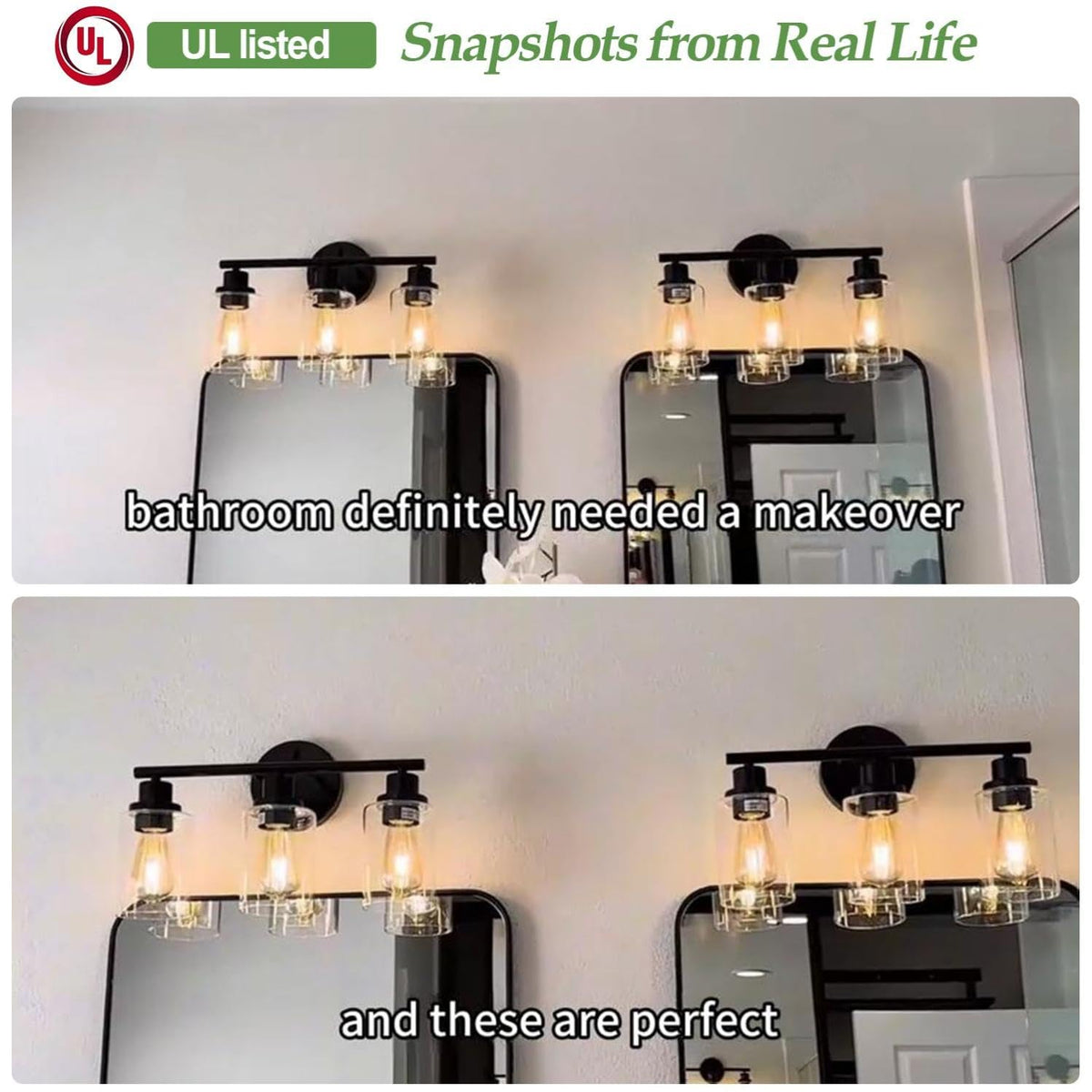 3-Light Black Bathroom Vanity Light with Clear Glass