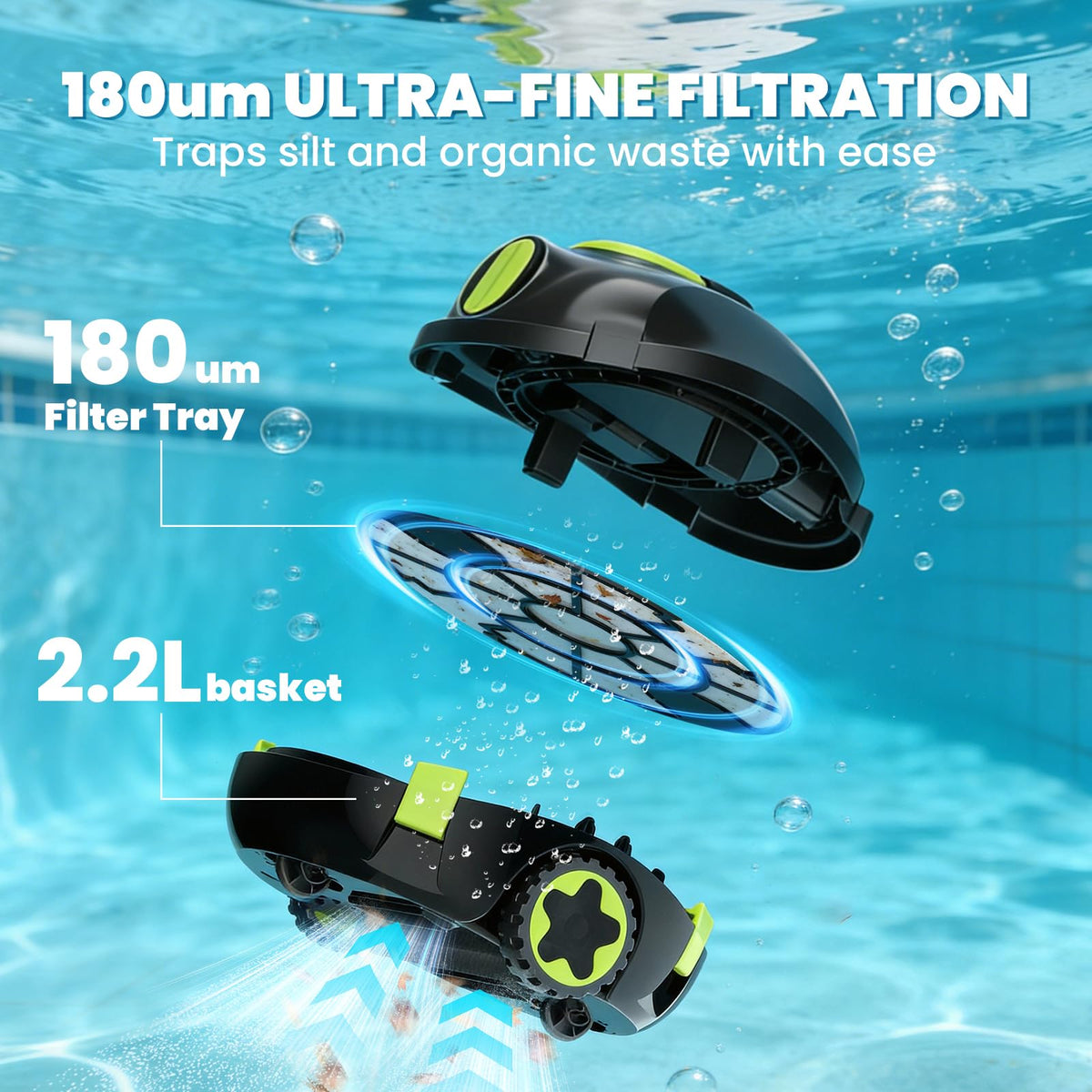 Robotic Cordless Pool Cleaner, Dual Motors, 150 Min Runtime, Moss