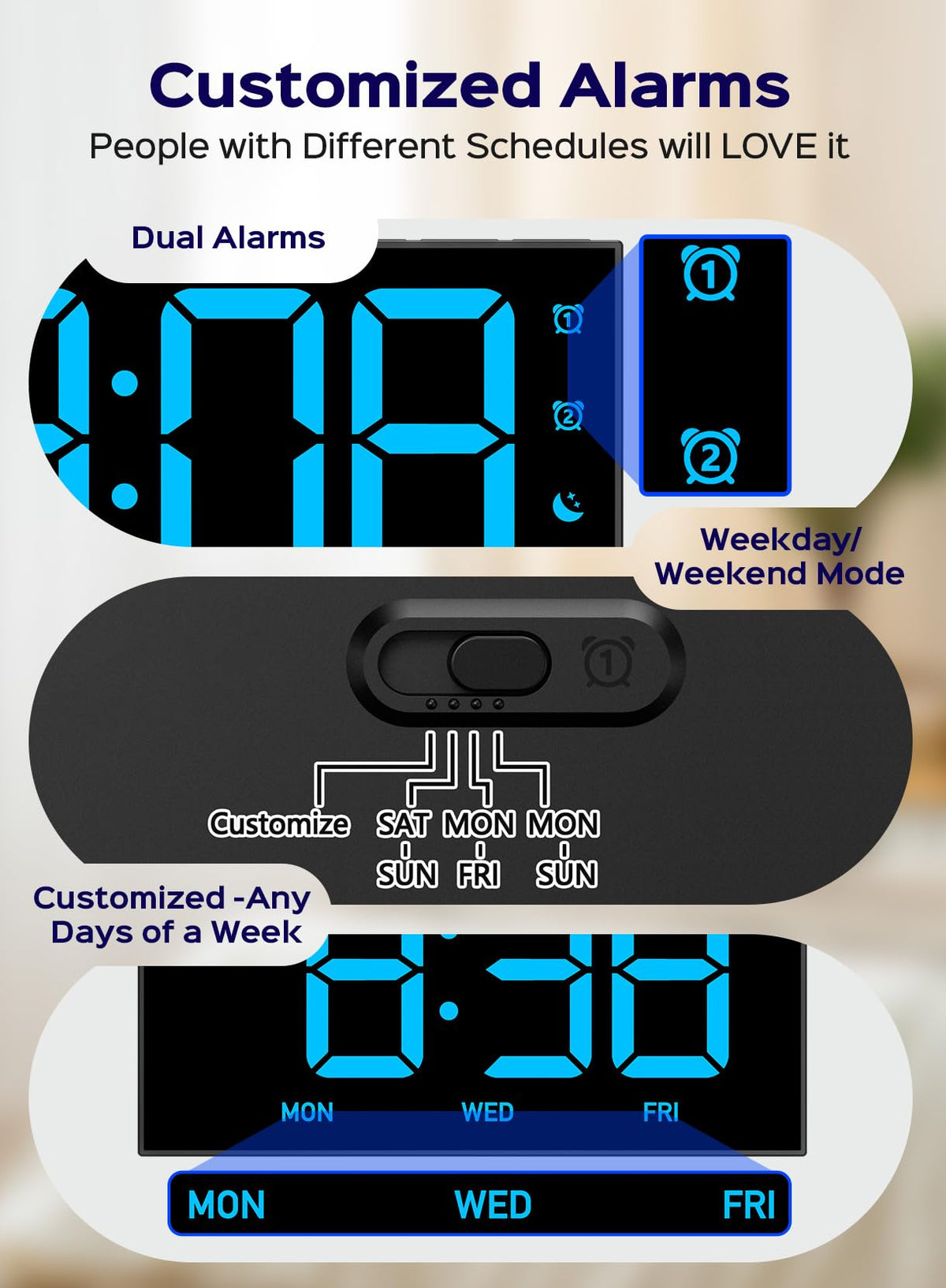 Goloza Digital Alarm Clock with 4-Level Brightness, Dual Alarms