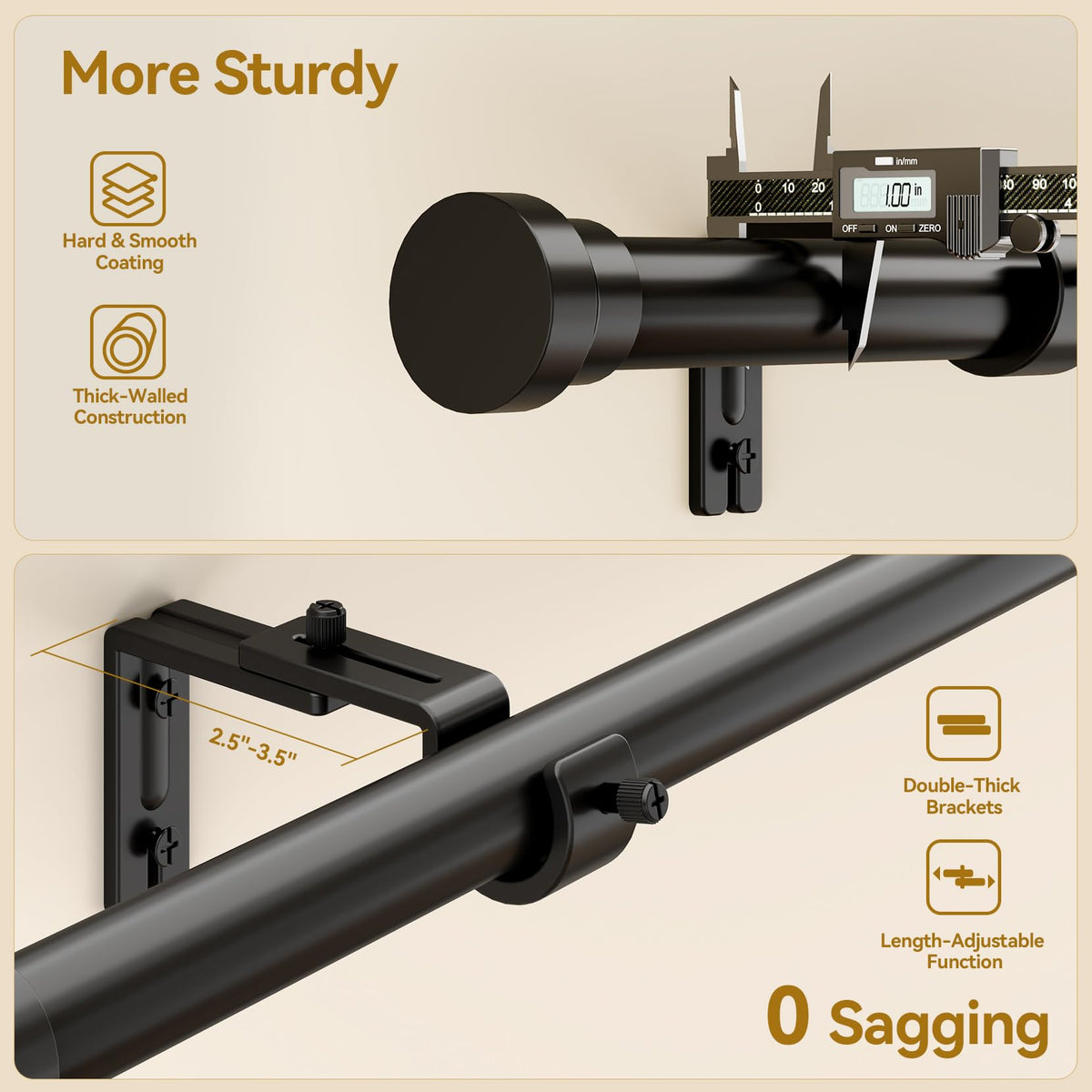 YaFex Heavy Duty 1" Adjustable Curtain Rod, 32-84", Black