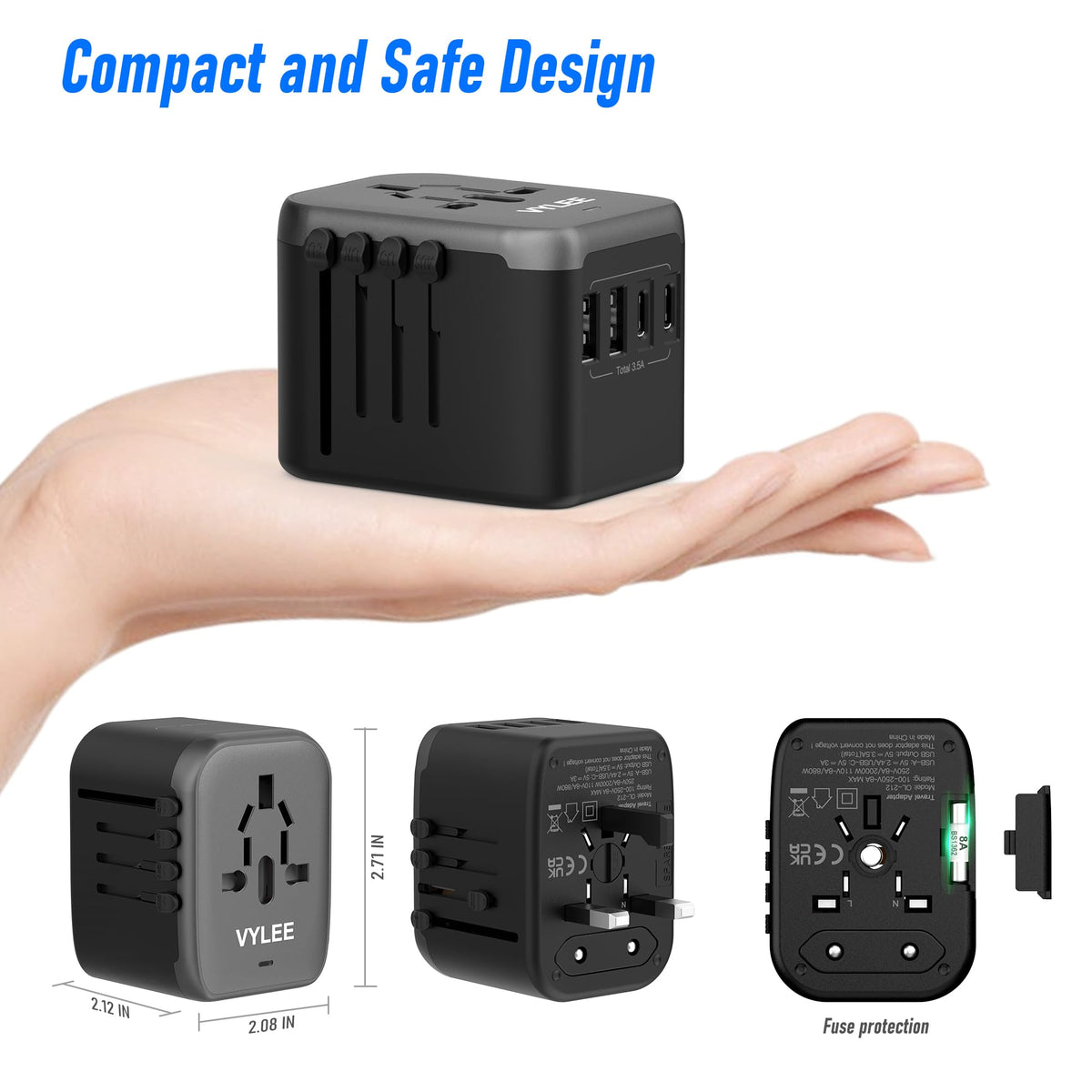 VYLEE 5-in-1 Universal Travel Plug Adapter, 2 USB-A, 2 USB C, Grey