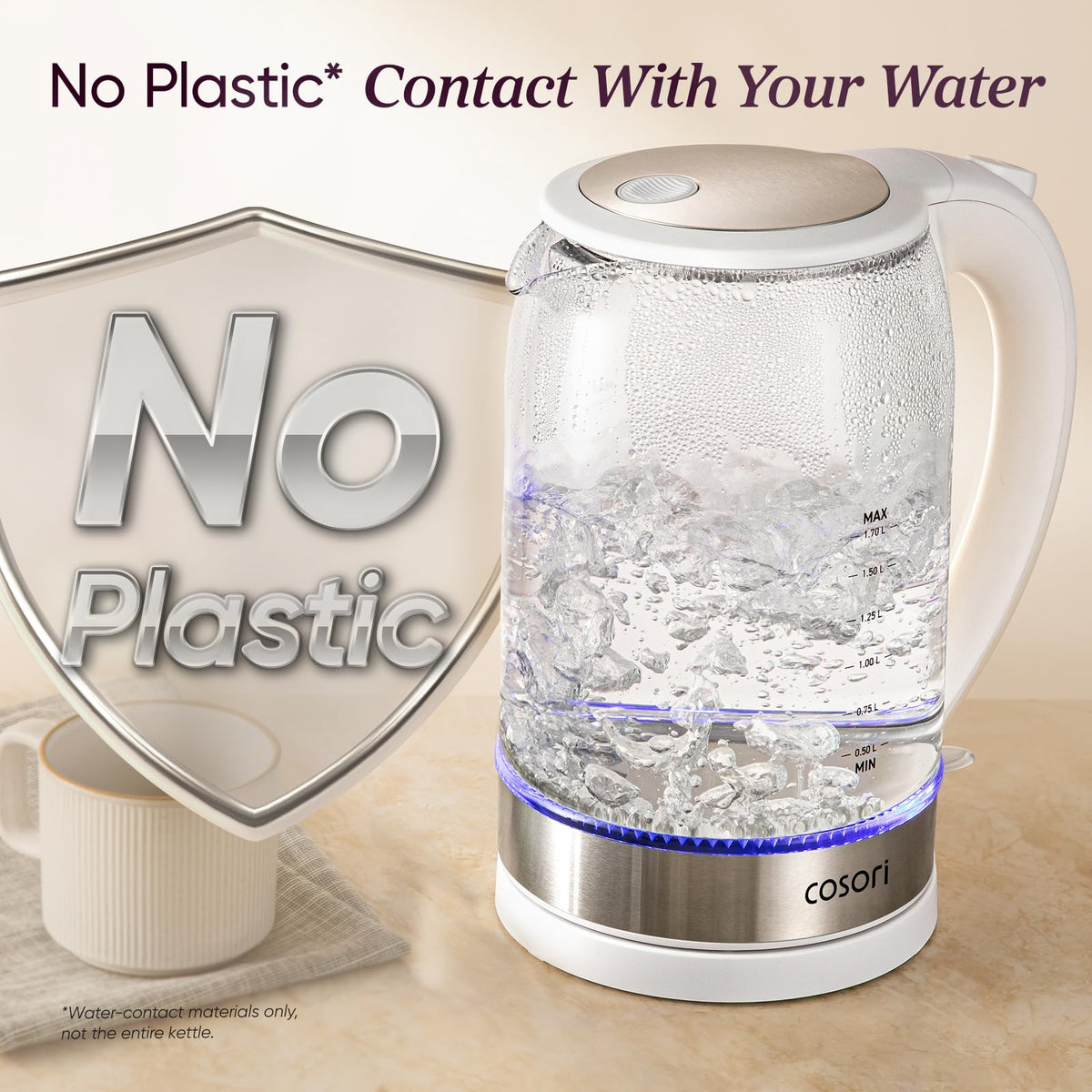 Cosori Glass Electric Kettle, 1500W, 1.7L, White