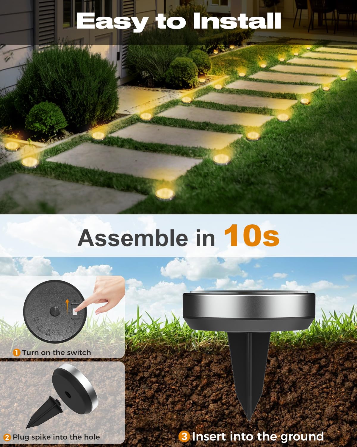 btfarm Solar Ground Lights, 8 LED, Warm White (10 Pack)