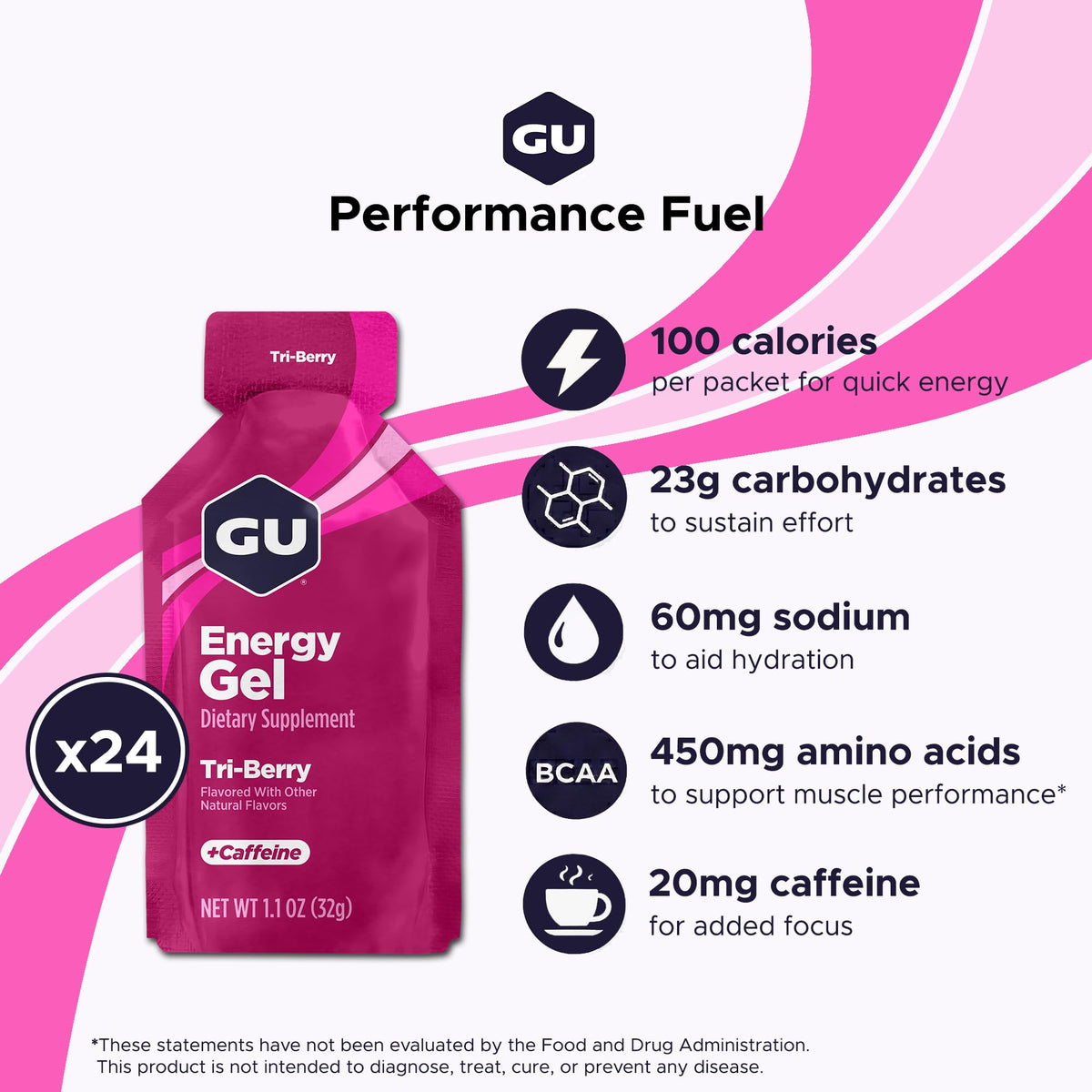 GU Energy Original Energy Gel, Tri Berry, 24 Count