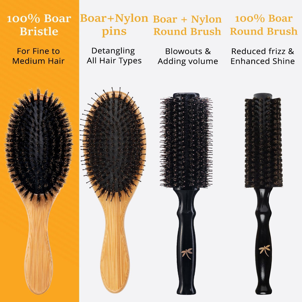 Belula 100% Boar Bristle Hair Brush Set, Medium