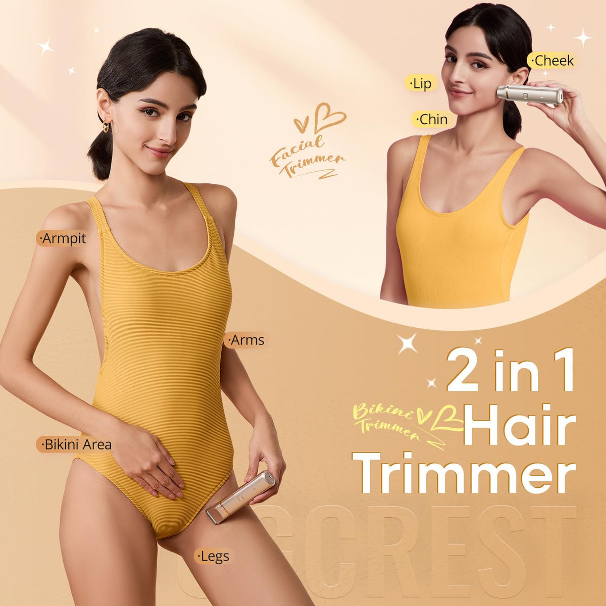 VOGCREST 2-in-1 Rechargeable Bikini Trimmer for Women, Gold