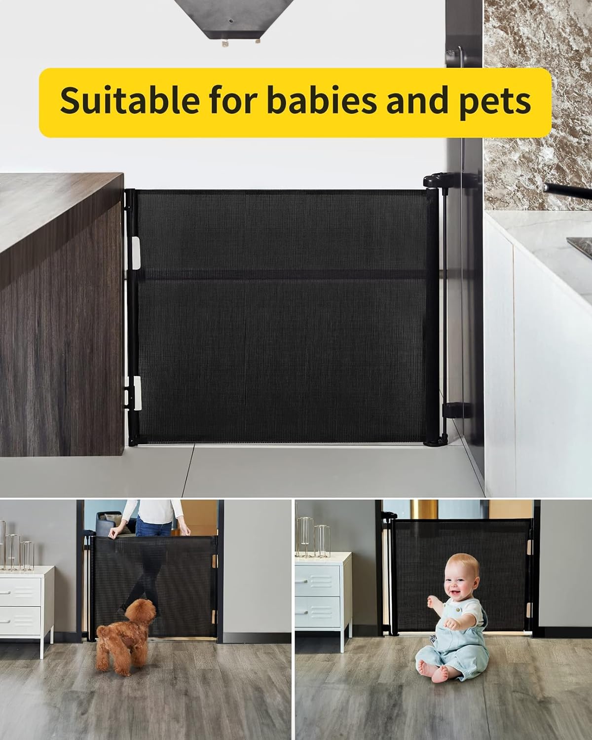 Retractable Mesh Baby Gate, 55" Wide x 33.6" Tall, Black