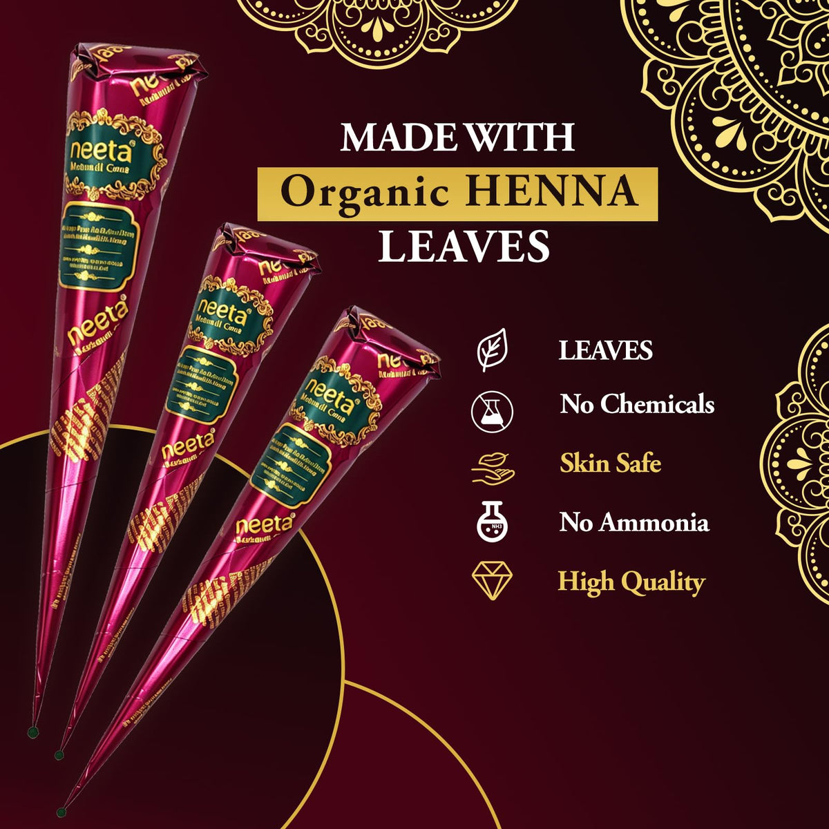 Natural Henna Paste Cones with 8 Stencils, Reddish Brown (4 Pack)