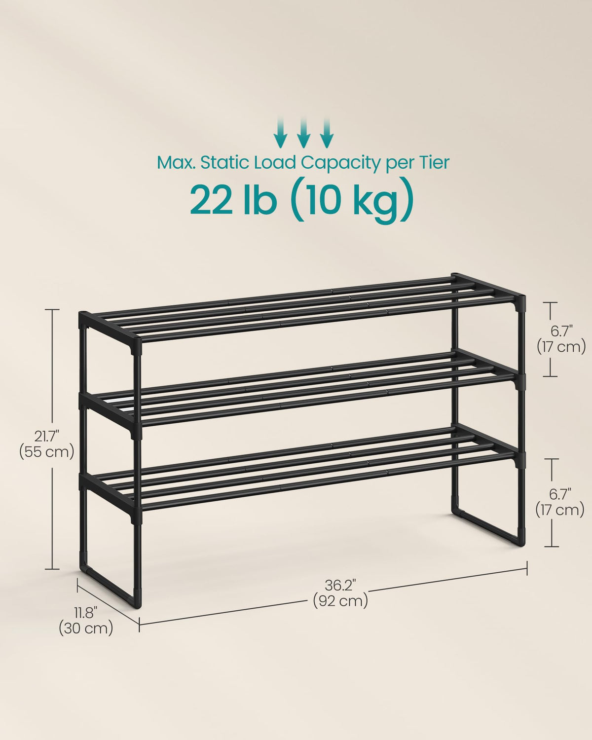 SONGMICS 3-Tier Stackable Shoe Rack, Black ULSA303B02