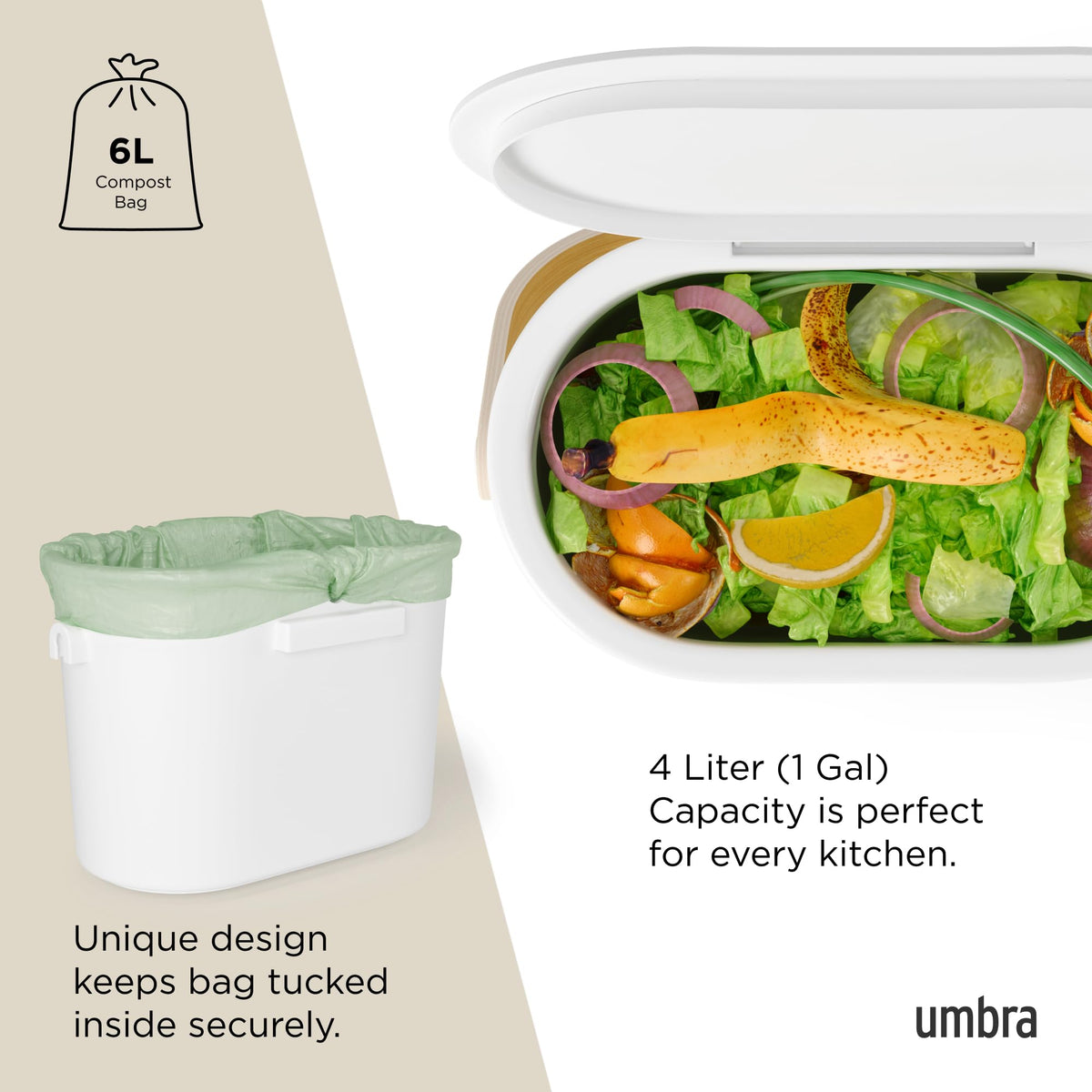 Umbra Bellwood Kitchen Compost Bin, White/Natural, 4 L