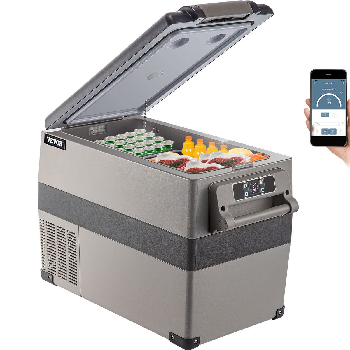 VEVOR 45L Portable Car Refrigerator, 48 Quart, 12/24V DC, Grey