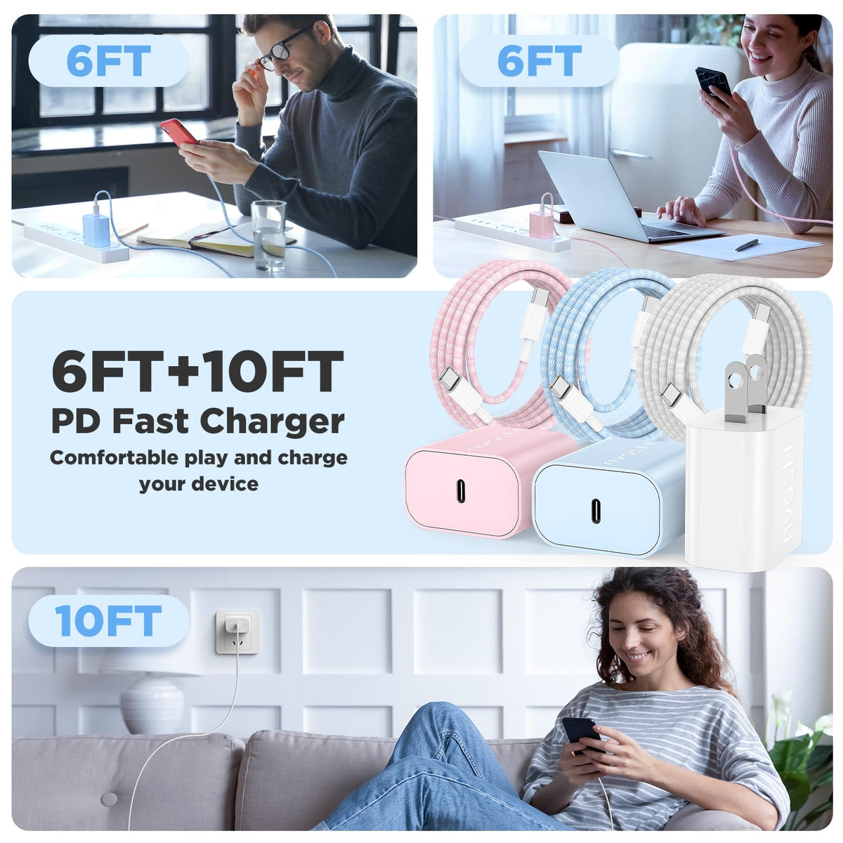 Hzevn iPhone Fast Charger, 3 Pack 20W USB C Block with Cables