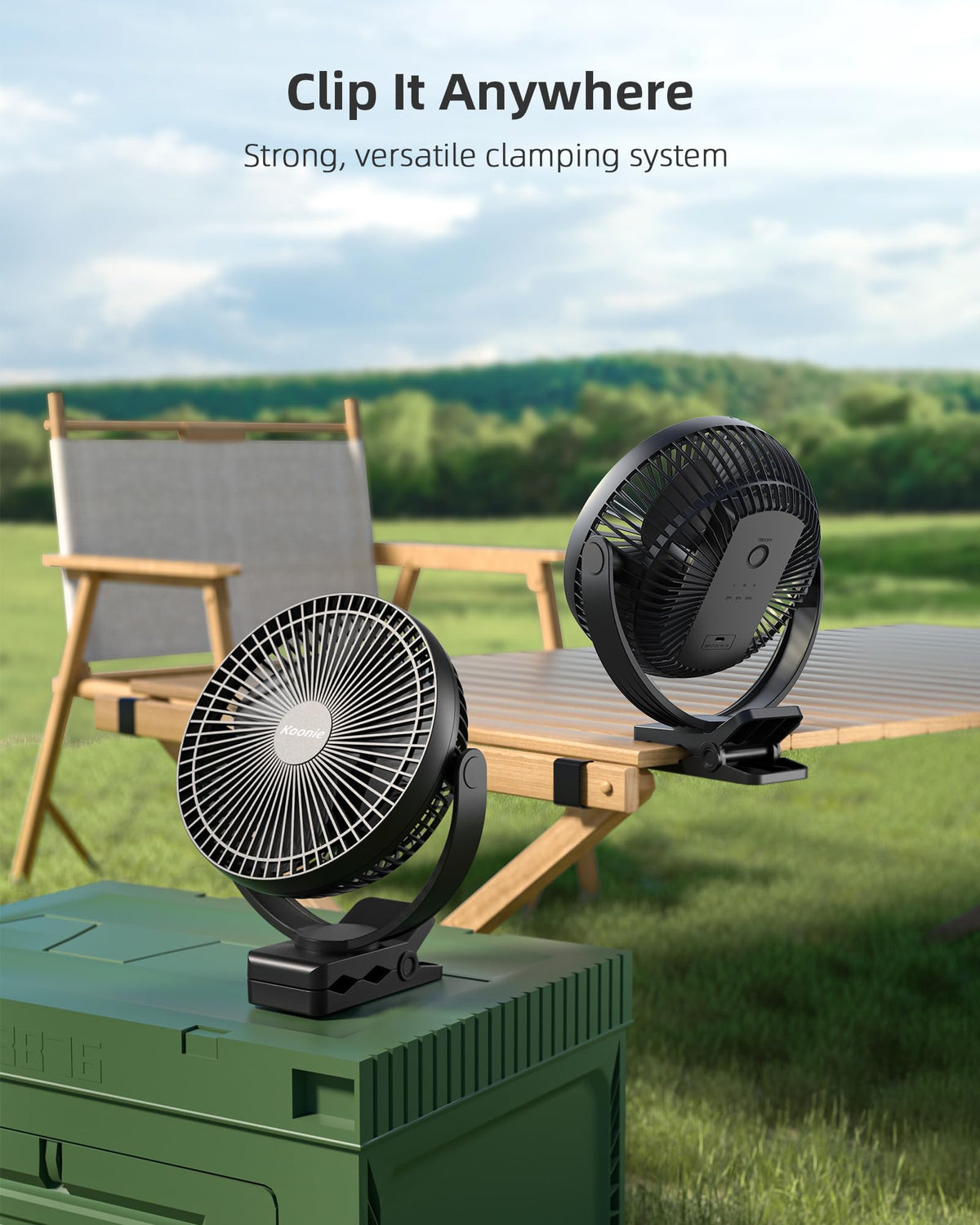 Koonie 10000mAh Clip on Fan Rechargeable, Black