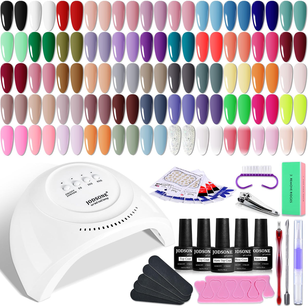 Jodsone Gel Nail Polish Kit, 60 Pieces, with Base and Top Coat