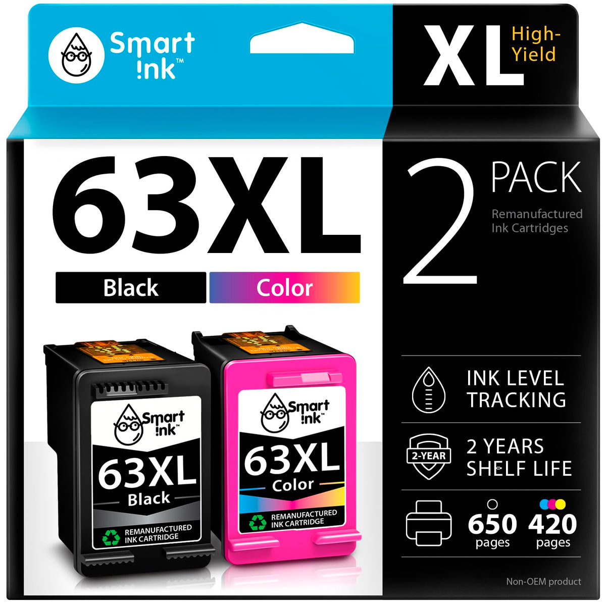 Smart Ink Remanufactured HP 63XL Ink, Black & Colour (2 Pack)