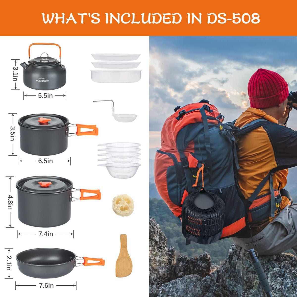 Overmont Camping Cookware Mess Kit, 16 Pieces