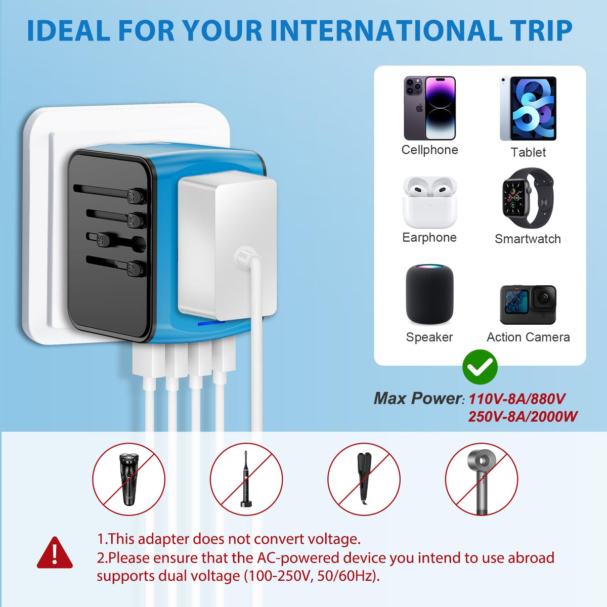 International Travel Power Adapter, Blue