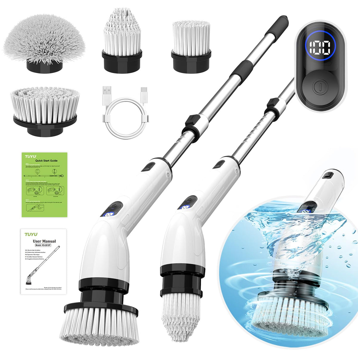 Tuyu Electric Spin Scrubber, IPX7 Waterproof, Cordless, Extendable