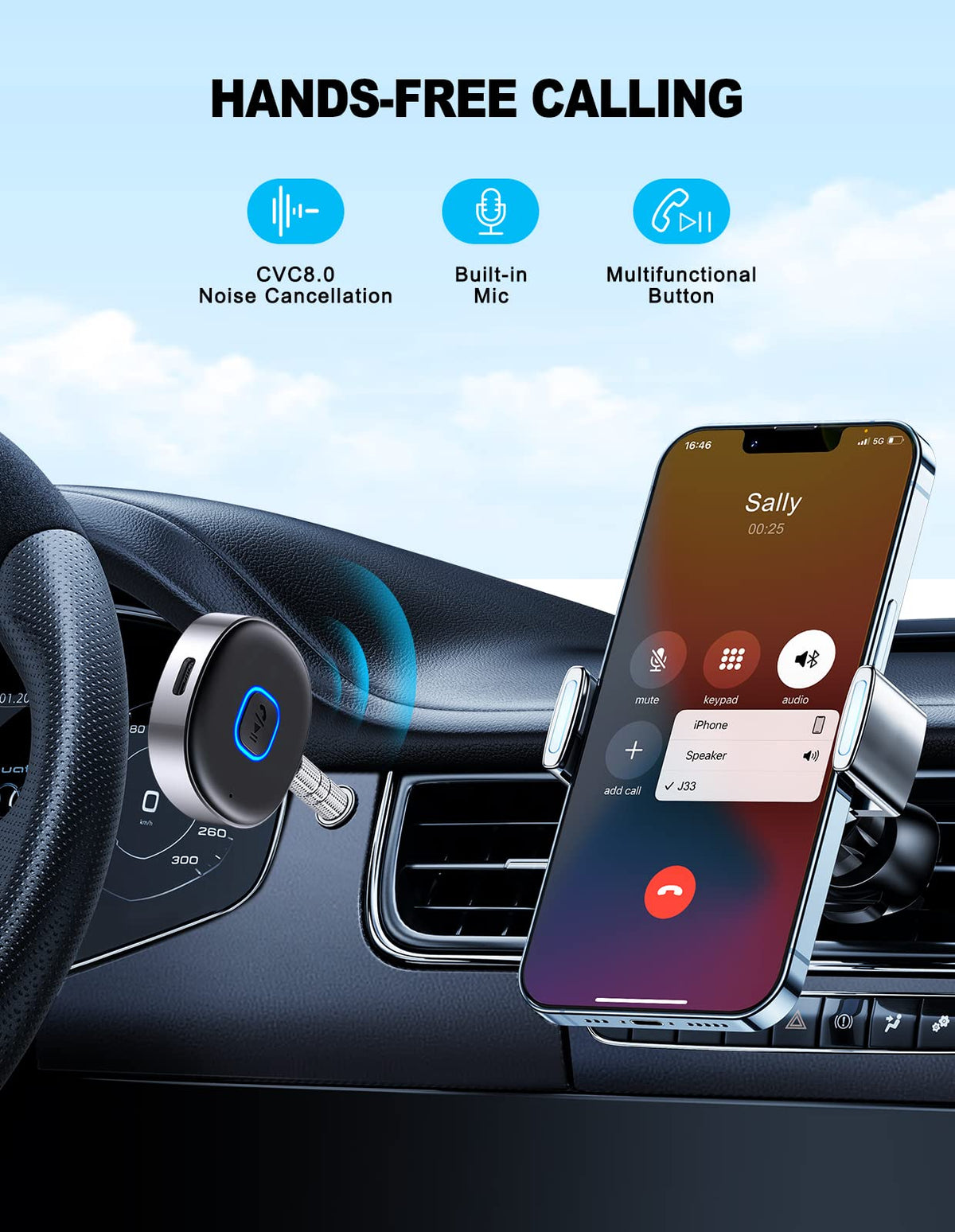 WOCBUY Bluetooth Adapter for Car, 3.5 mm AUX, Bluetooth 5.0