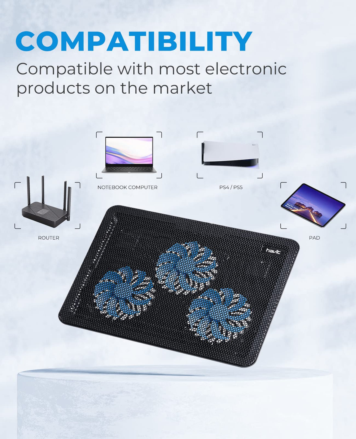 HAVIT HV-F2056 Laptop Cooling Pad, 15-17 Inch, 3 Fans, Black and Blue