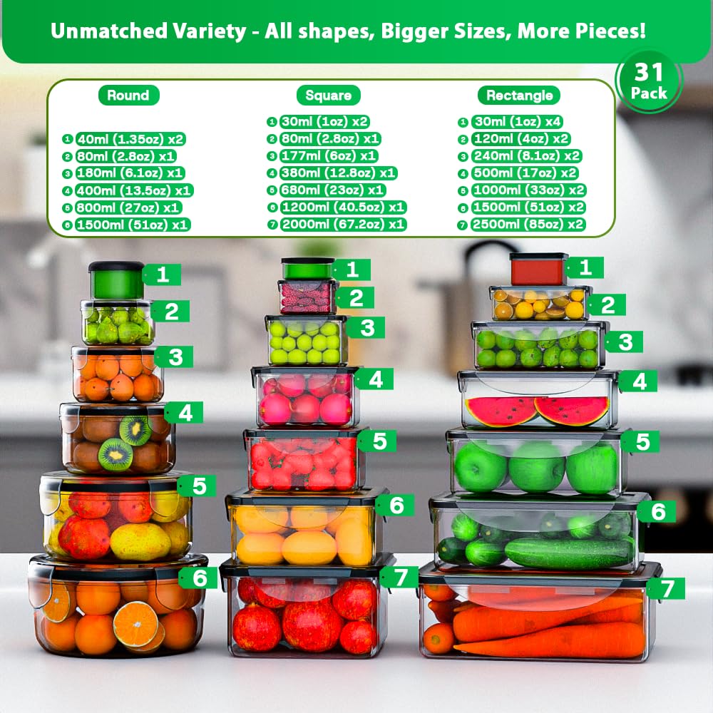 Airtight Food Storage Containers with Lids, 62 Pcs, 19400 ml